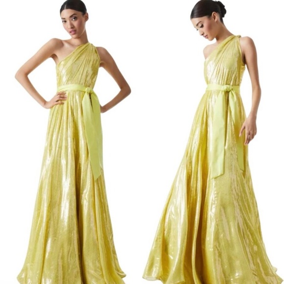 Alice & Olivia Milan One-Shoulder Gathered Metallic Gown in Lemon Sorbet - 4 - Picture 4 of 15